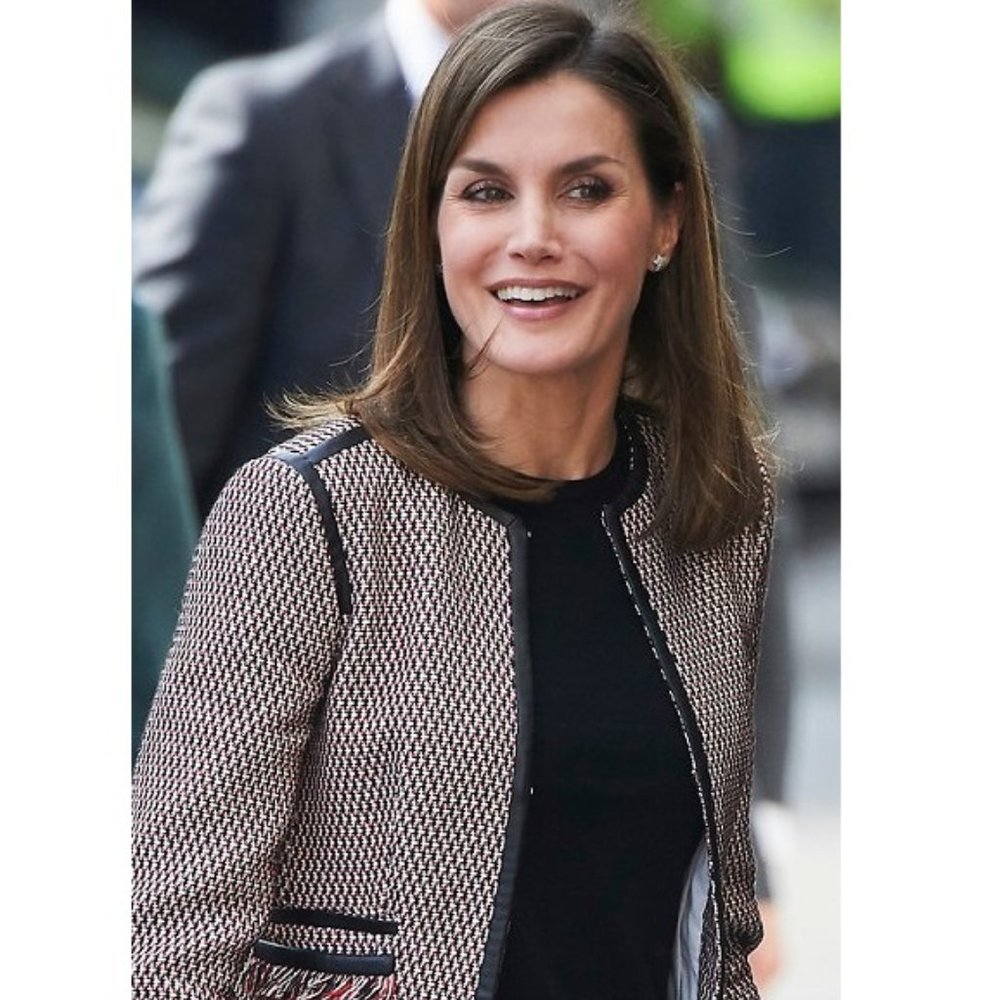 HUGO BOSS Keili Tweed Real Leather Trim Jacket Queen Letizia Spain Blazer US S 4